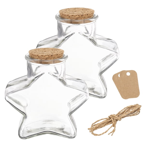 Uxcell 2 Pcs 12 oz/400ML Frascos de Vidrio Transparentes en Forma de Estrella con Tapa de Corcho, Cuerda y Etiquetas en Blanco para Decoraciones de Halloween