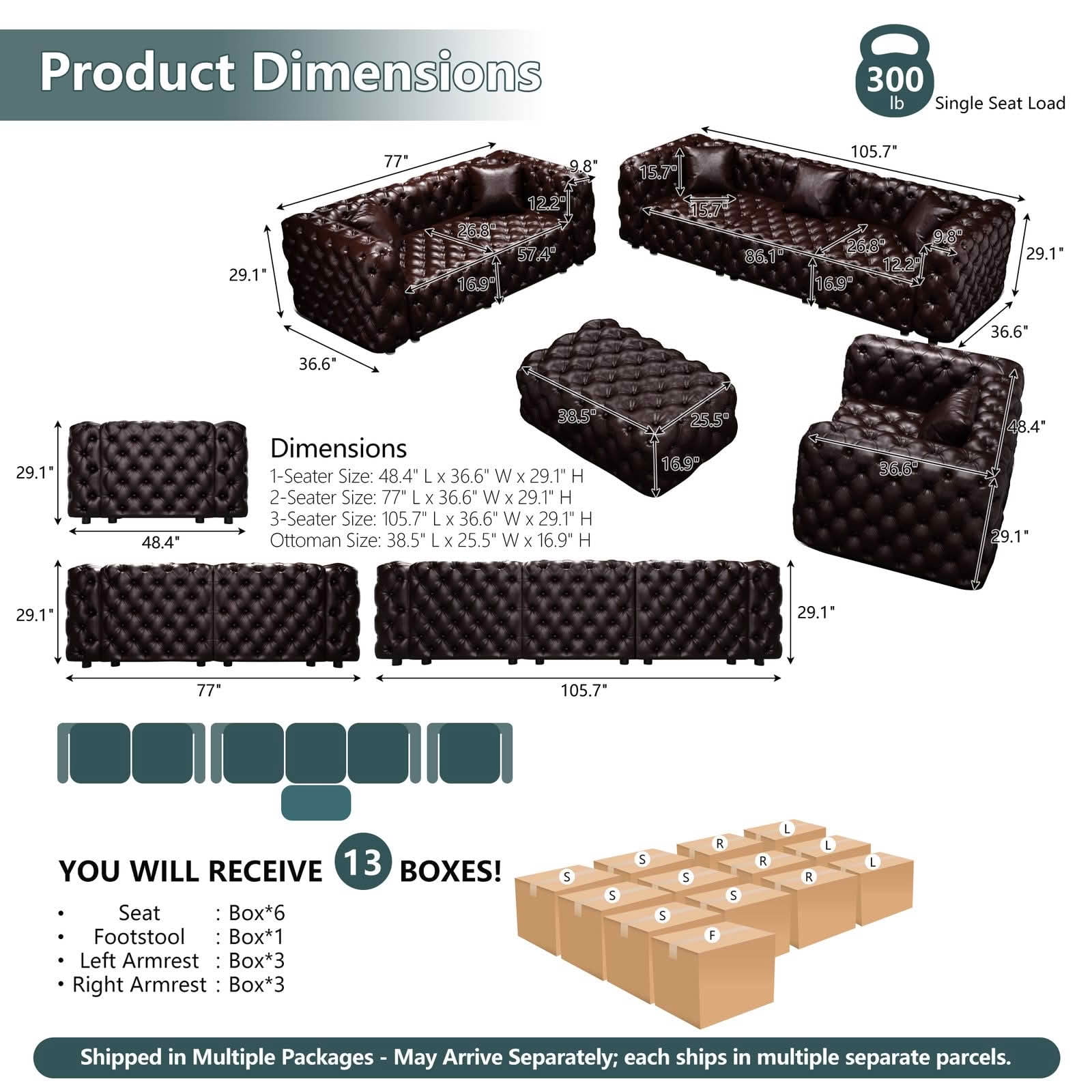 MAYEERTY 6‑Seat Faux‑Leather Modular Sofa Set, Handcrafted Button Tufted Couch with Ottoman & 6 Pillows for Living Room & Small Apartment