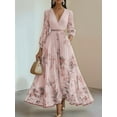 thumbnail image 6 of Women'S V Neck Floral Printed Pleated Dress Long Sleeve Flowy A Line Party Maxi Cocktail Dresses Pink XL, 6 of 7
