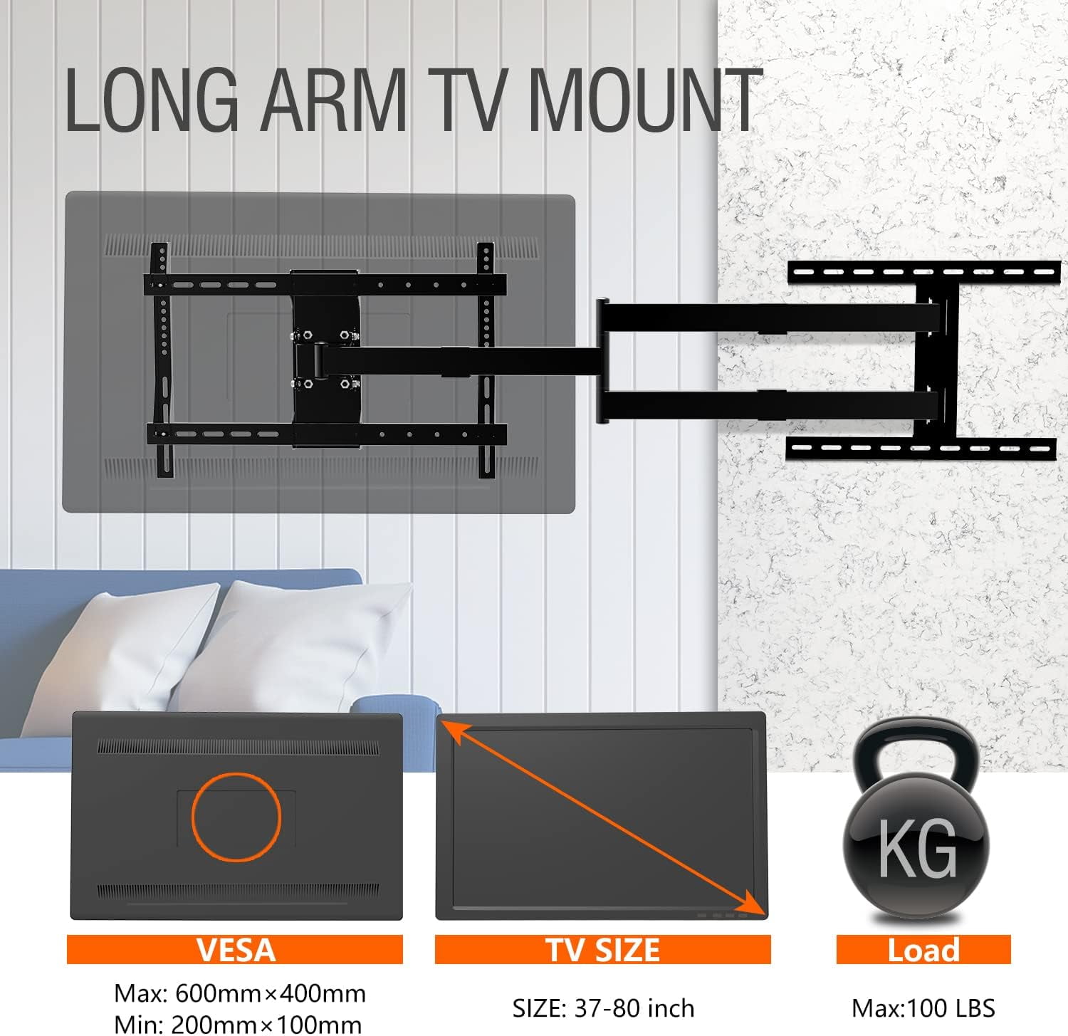 Long Arm TV Wall Mount for 37-75 Inch TV, 47” Extra Long Articulating Arm Full Motion TV Mount, Corner TV Bracket Swivel and Tilt Fits, Max VESA 600x400mm, 99 lbs. Loading, 16”,18”, Studs