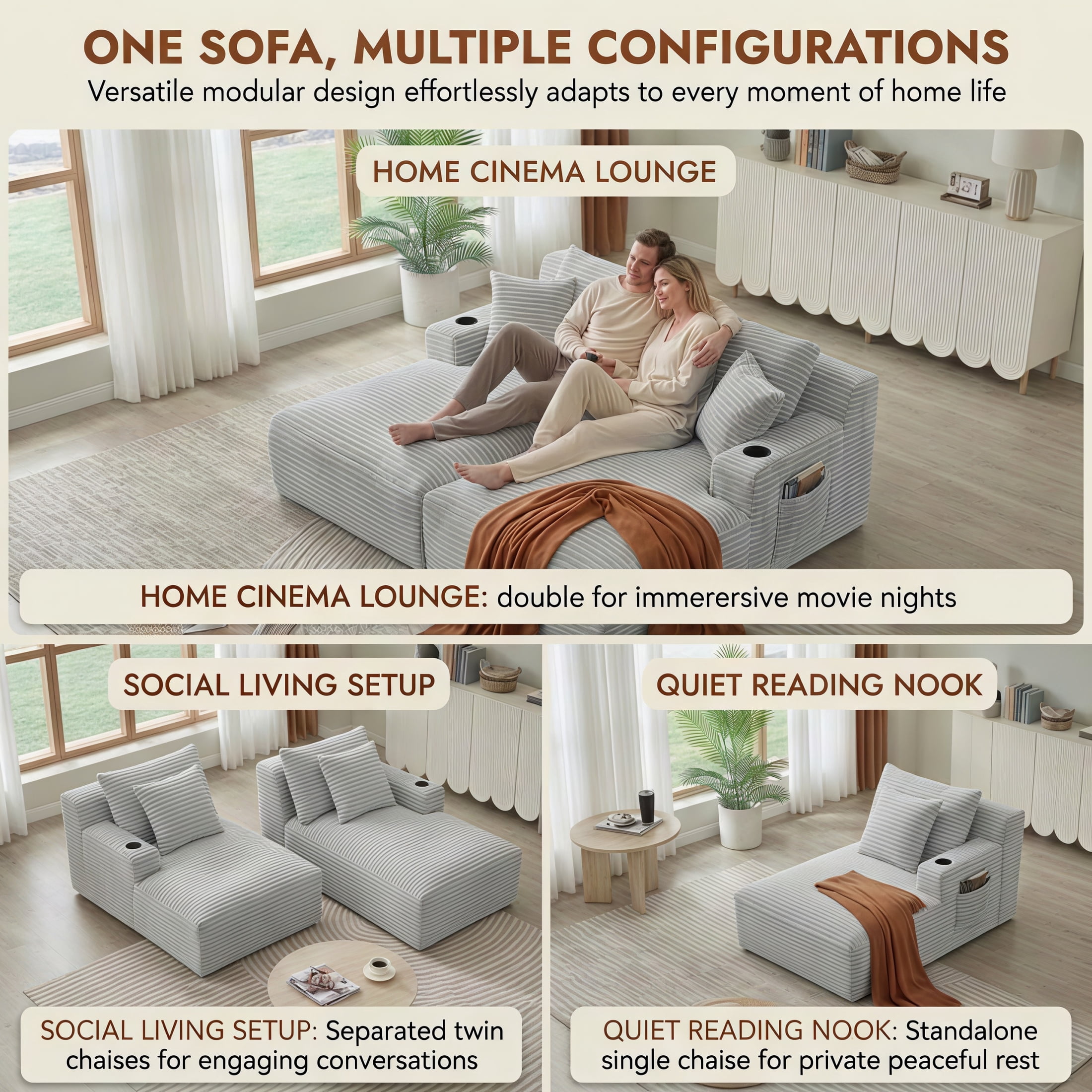Modular Double Chaise Lounge Chair Indoor, 71" Wide Striped Corduroy Couch Set with Cup Holders & Storage Pockets for Living Room Home Theater, Light Gray