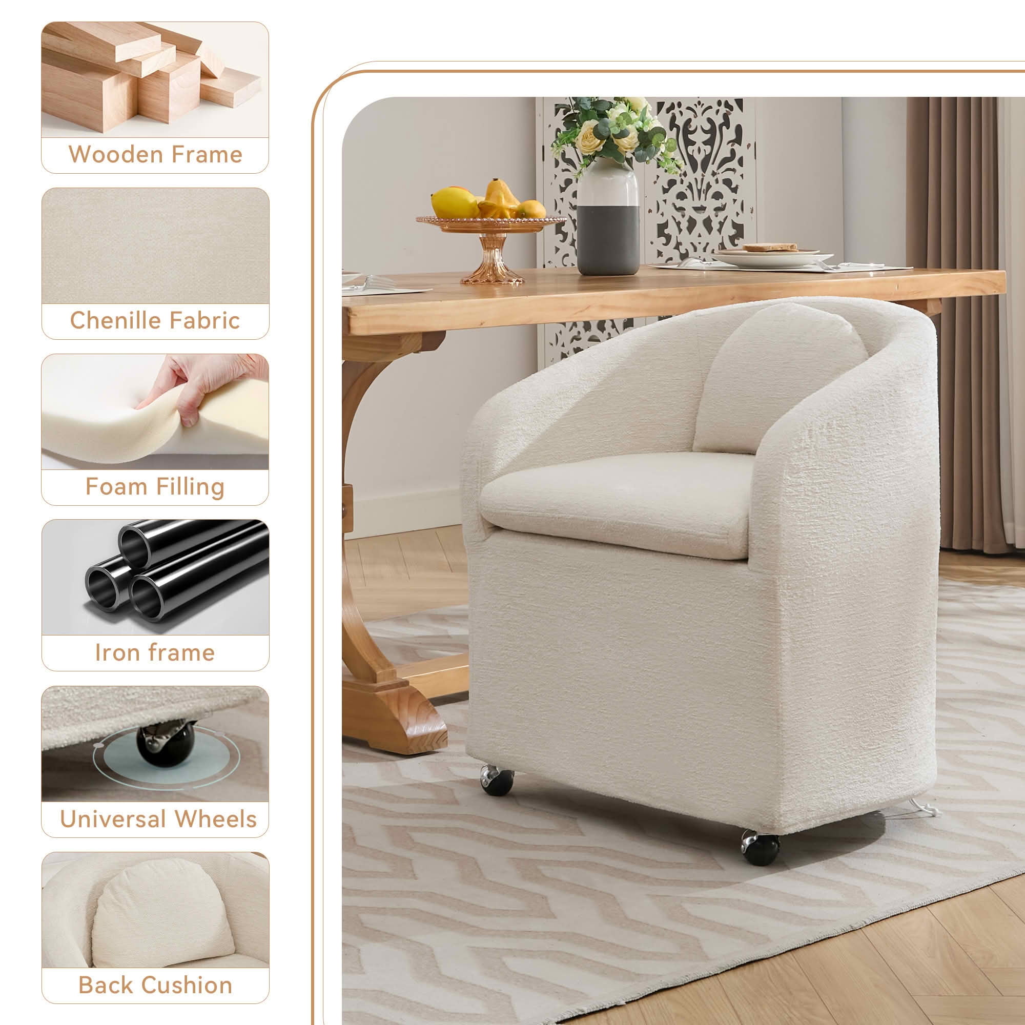 MAYEERTY Set of 1 Chenille Fabric Dining Armchair, with Back Cushion & Universal Wheels, Beige