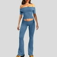 thumbnail image 4 of 2 Piece Flare Pants Set for Women Going Out Off Shoulder Top and Bell Bottom Leggings Slim Fit Sports Yoga Outfits (X-Large, Blue #1|Short-sleeve), 4 of 7