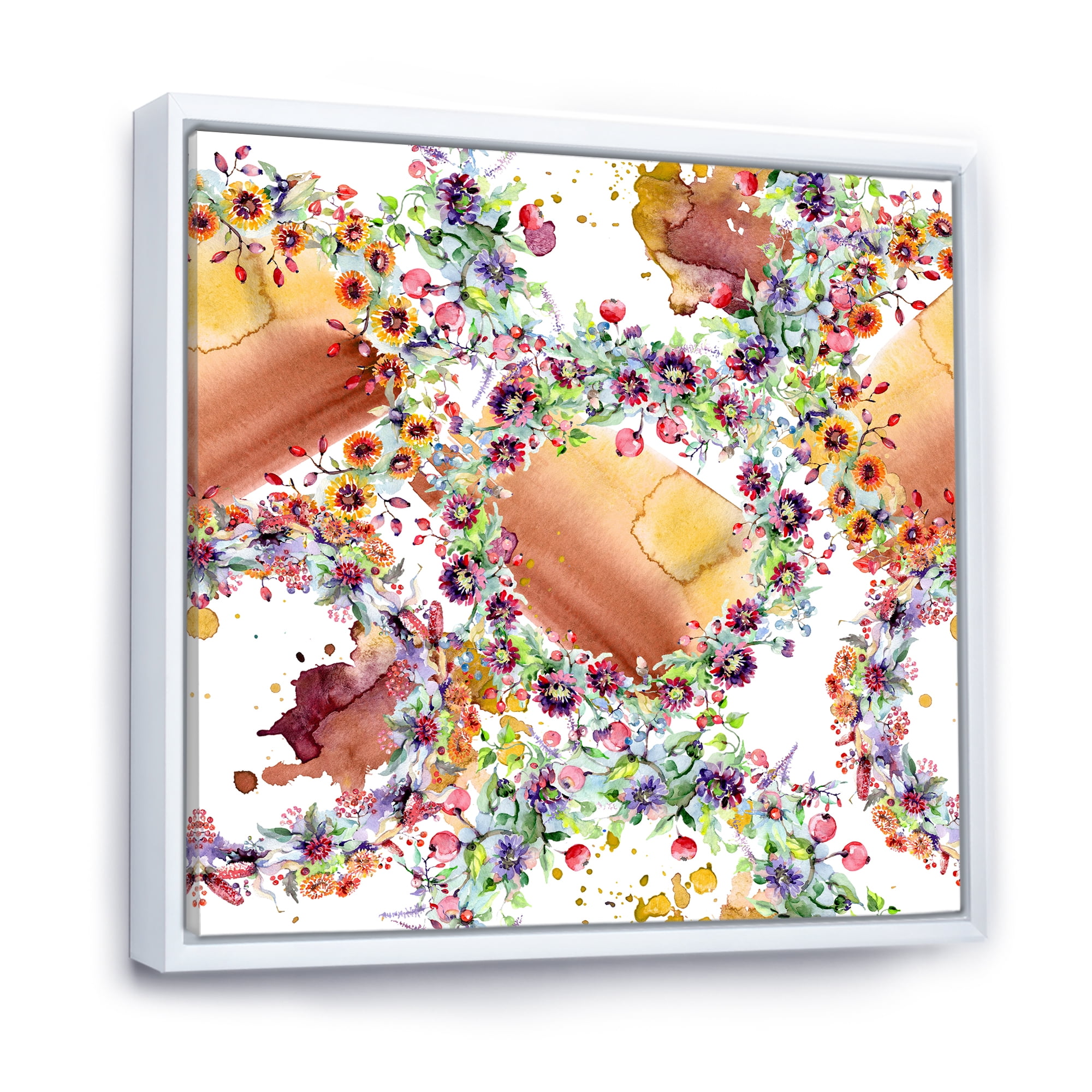 Designart 'Vibrant Wild Spring Leaves, Berries and Wildflowers' Modern Framed Canvas Wall Art Print