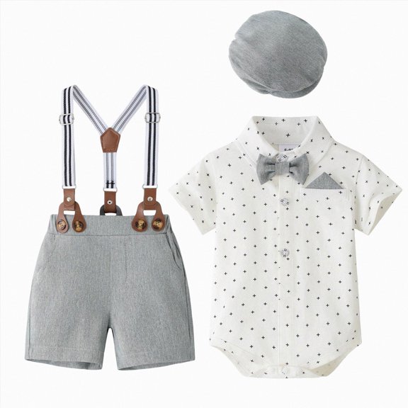KPOPLK Baby Boy Clothes Suit Infant Short Sleeve Gentleman Outfits Dress Shirt Bowtie Suspender Shorts Beret 3 Piece Set 6-18M Size 18-24 Months