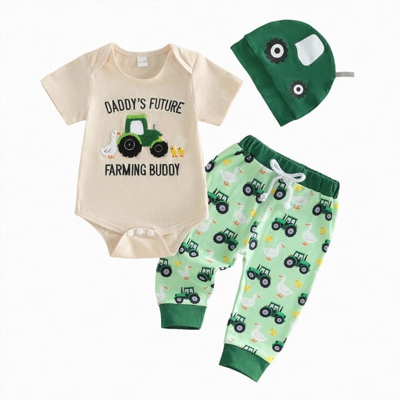 Kaprioy Boys Summer Outfit 3PCS DADDY'S FUTURE FARMING BUDDY Letter Print Romper Pants Hat Outfit Baby Boy Outfits