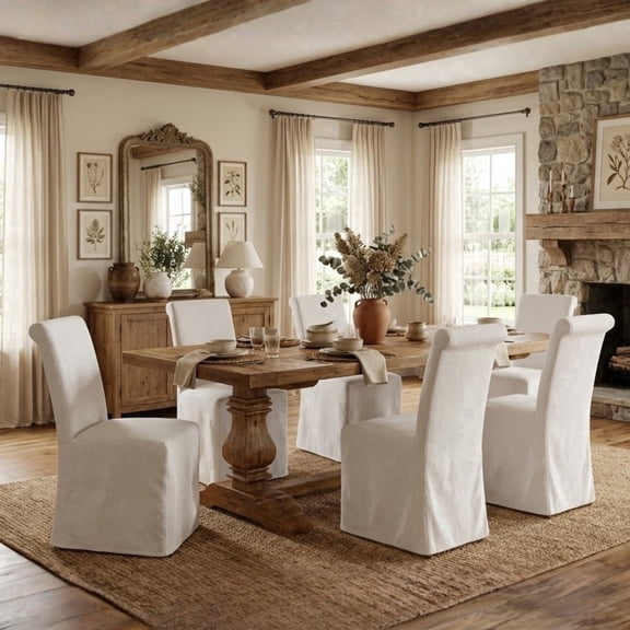Dayalane Slipcovered Parsons Dining Chairs Set of 6, Modern Farmhouse High Back Linen Upholstered Chair with Removable Skirted, Classic Wooden Side Kitchen Chairs for Dining Living Room, Beige