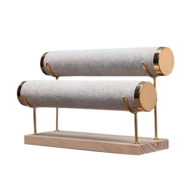 Exhibidor de pulseras Estante de almacenamiento de pulseras Base de madera independiente Pulsera de 2 capas Flocado gris
