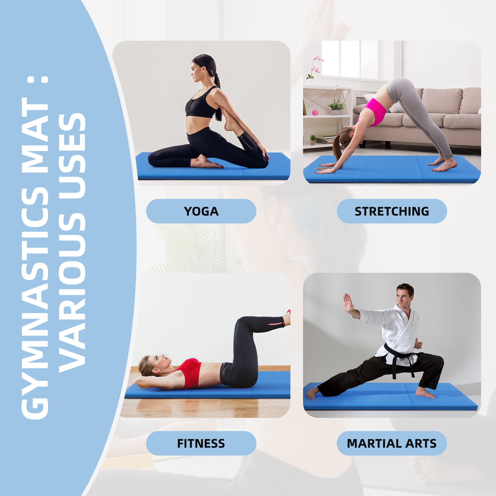 Signature Fitness 2ft x 6ft x 2in Folding Gymnastics Mat, 3-Panel Exercise Mat for Yoga, Tumbling, Stretching, Home Gym, PVC Leather + EPE Foam, Multiple Colors
