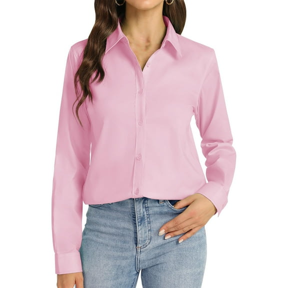 Yigetop Button Down Shirts for Women, Womens Long Sleeve Tops Collared V Neck Shirts Lightweight Sweatshirt 2025 Fall Fashion Clothes Dress Shirts for Women Pink 4XL