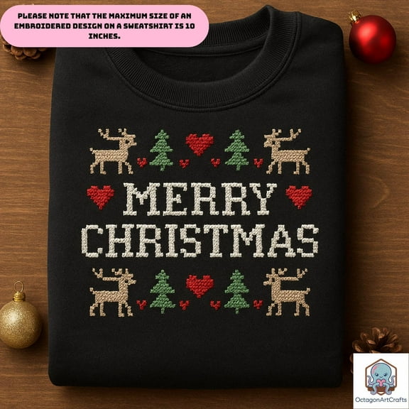Embroidered Merry Christmas Sweatshirt, Ugly Christmas Sweater, Reindeer Holiday Crewneck, Festive Xmas Gift, Black Winter Top