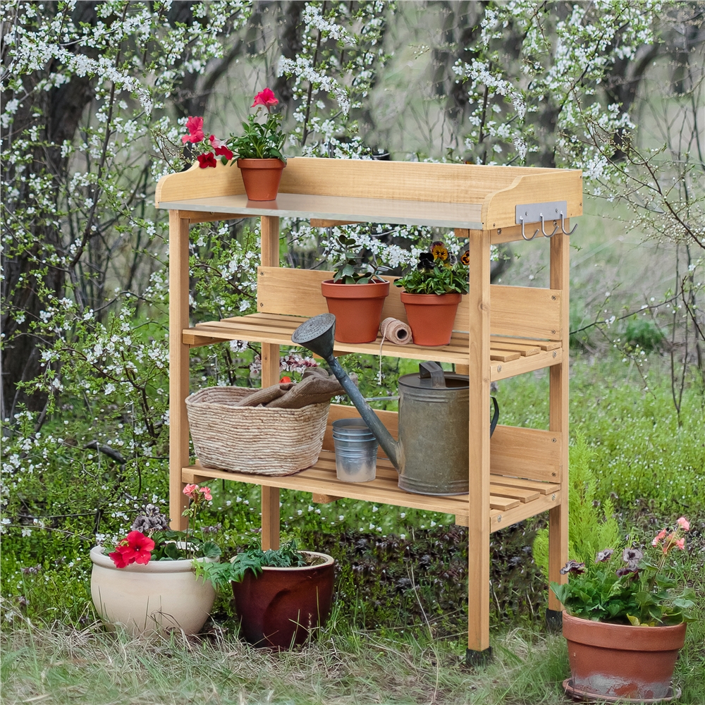 Renwick Outdoor Potting Bench Table with Storage Shelf,Natural Wood