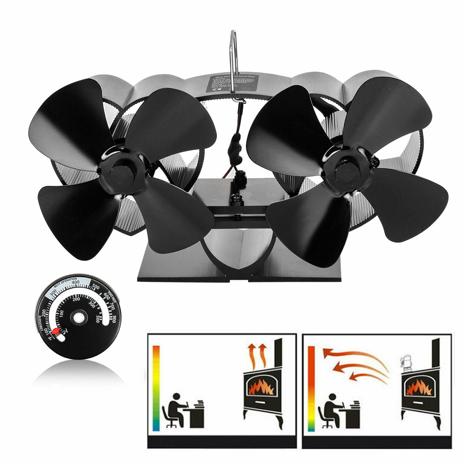 Details about   8 Blades Fireplace Fan Double Heads Motor Heat Powered Wood Stove Burner Black 