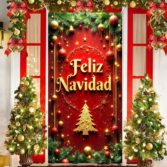 Cinvoph Christmas Tree Door Cover - Front Door Holiday Banner, Durable & Easy to Hang Xmas Backdrop Wall Decor for Home Entryway Xmas Party Winter Holiday 35"x71"