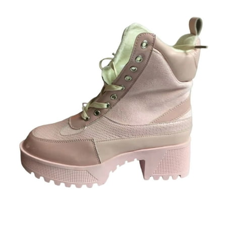 

Boots Clearance Hvyes Women s Canvas Front Lace Up Belt Buckle Leather Stitching Platform Boots