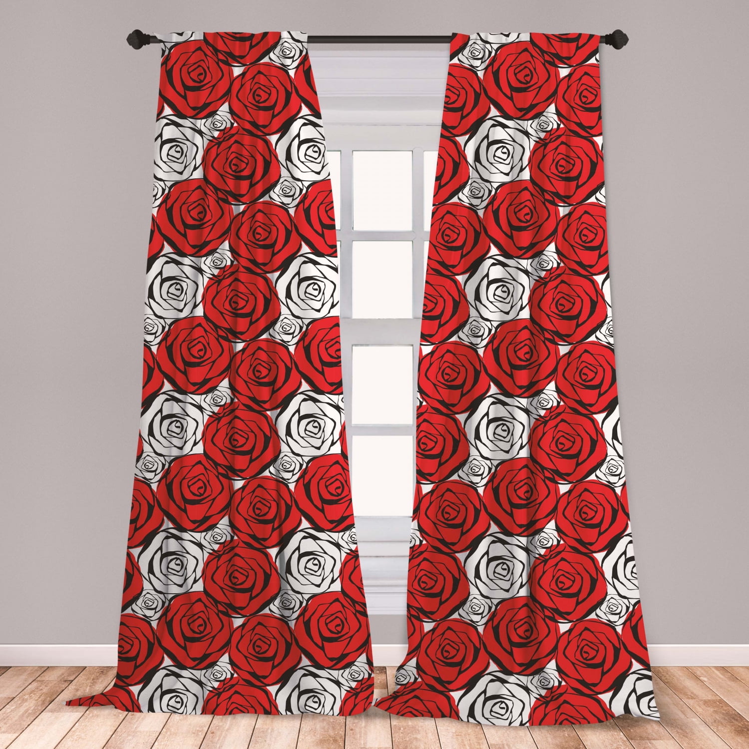 Red and Black Curtains 2 Panels Set, Roses with Black Contours in Retro