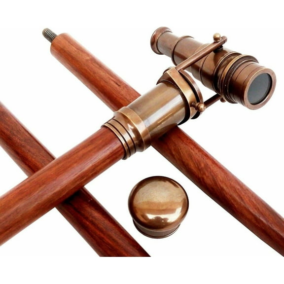 Antique Vintage Telescope Brass Handle stick wood walking stick Victorian Wooden Walking Stick Canes