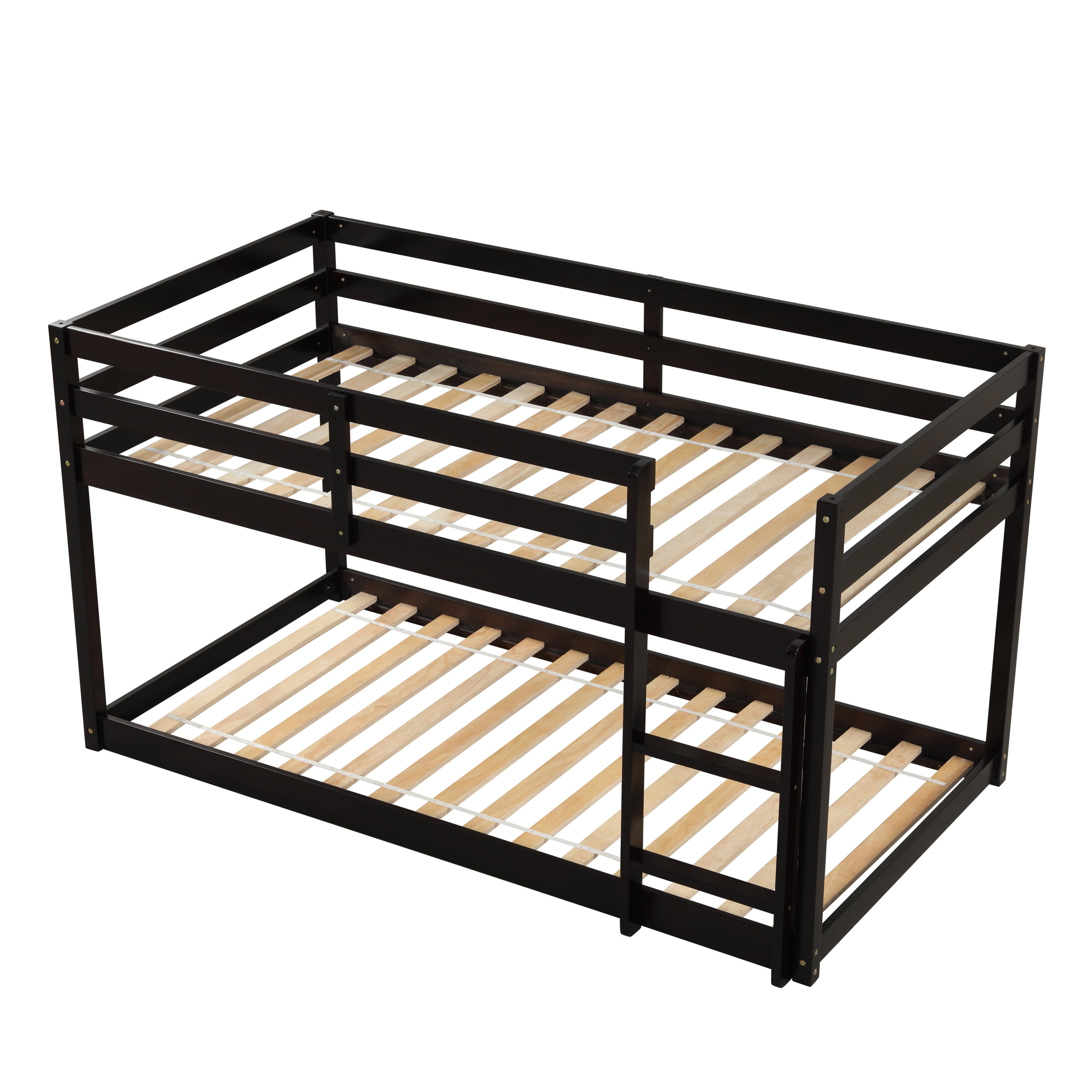 PORKISS Bunk Beds for Kids, Twin over Twin Floor Bunk Bed with Safety Rail and Ladder, Solid Wood Low Bunk Bed Frame for Boys Girls, No Box Spring Needed, Espresso