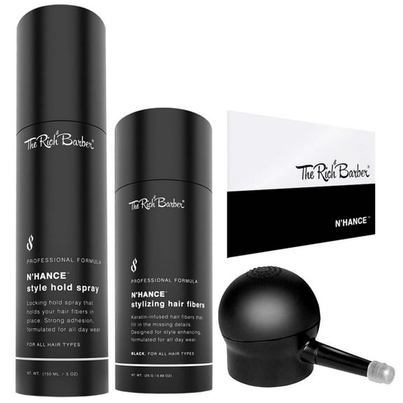 The Rich Barber N’Hance Hair Fibers, Hold Spray & Applicator Set | Natural Concealing Hair Thickening Fibers | Long-Lasting Wear For Sharper Hairlines, Thicker Beard, & Professional Styling (Black)