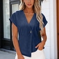 thumbnail image 2 of Asymmetric Button V-Neck Dolman Sleeve Denim Casual Top for Women Solid Color Spring Summer Blouse for Daily Wear S-XXL, 2 of 7