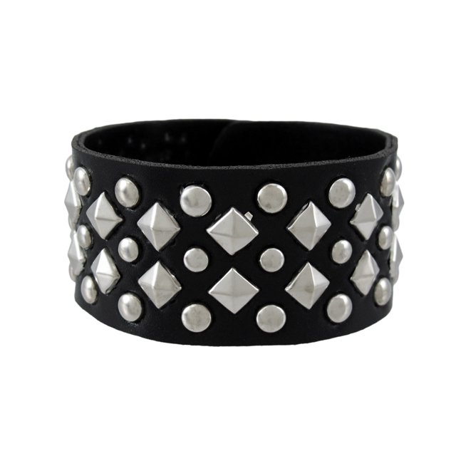 Black Vinyl Wristband with Chrome Pyramid and Round Studs 8.75 Inches Long