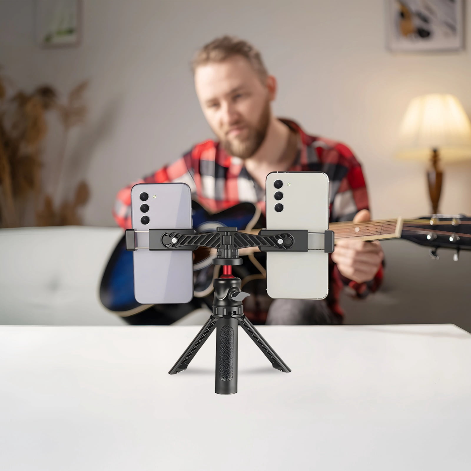 Dual Phone Tripod Stand with Ball Head Mount, Portable Desktop Phone Holder with Adjustable Clamps, Mini Camera Stand for Live Streaming Gaming Recording, Black and Red