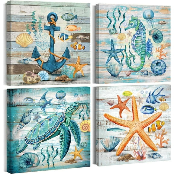 Ocean Wall Art Blue Beach Bathroom Nursery Wall Decor Teal Nautical Artwork Sea Turtle Themed Pictures Coastal Art for Kids Bedroom Living Room Dining Room Octopus Painting Wall Decorations Set of 4