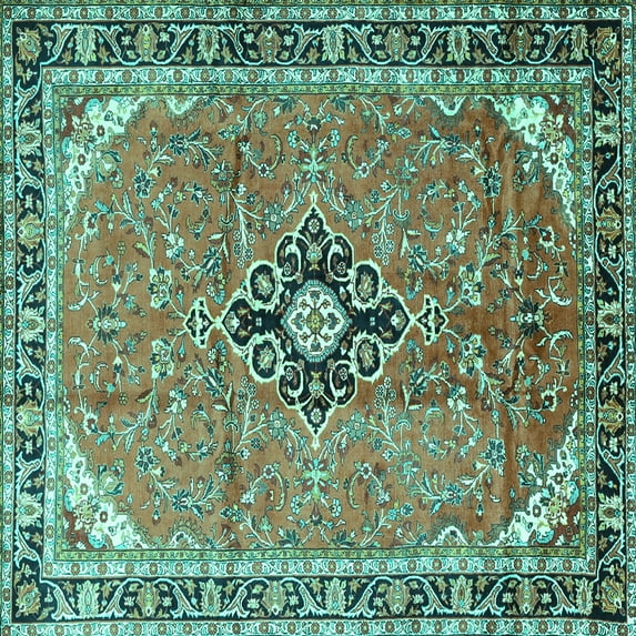 Ahgly Company Indoor Square Medallion Turquoise Blue Traditional Area Rugs, 5' Square