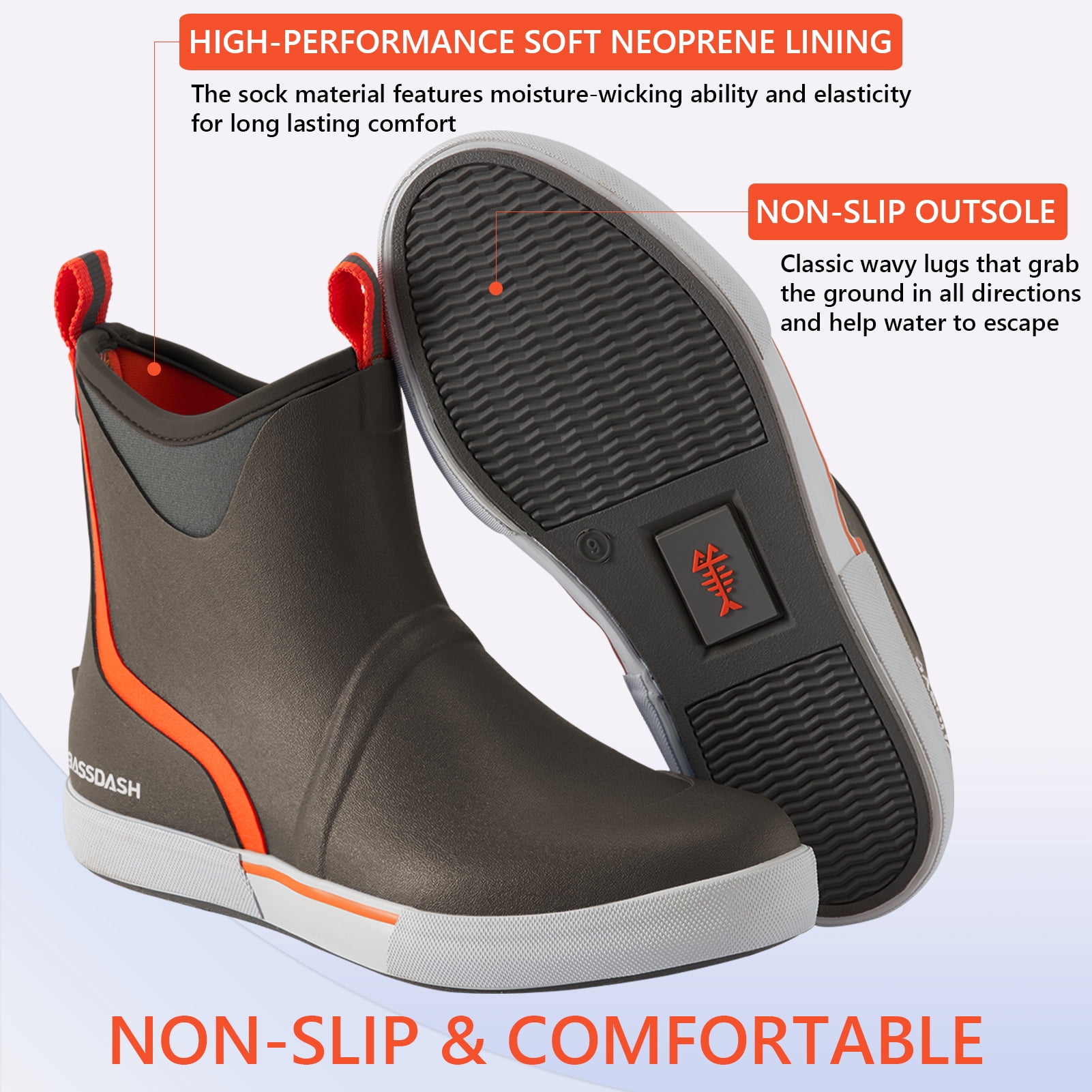 BASSDASH Men’s 6" Waterproof Deck Boots with Breathable Lining Anti-slip Neoprene Rubber Ankle Rain Boots for Fishing Boating