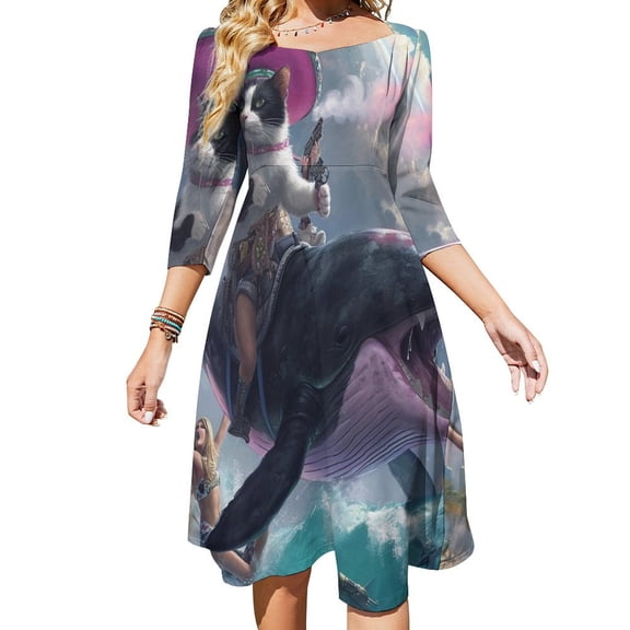 Cat Riding Shark with Sombrero Women's Fall Dresses Casual Loose Flowy Swing Shift Dress
