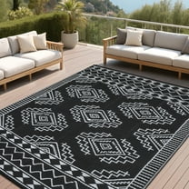 Garvee 8'x10' Waterproof Outdoor Rug, Modern Reversible Plastic Straw Patio Rug Foldable Lightweight RV Picnic Mat, Geometric Outdoor Carpet for Deck Balcony Porch, Black and White