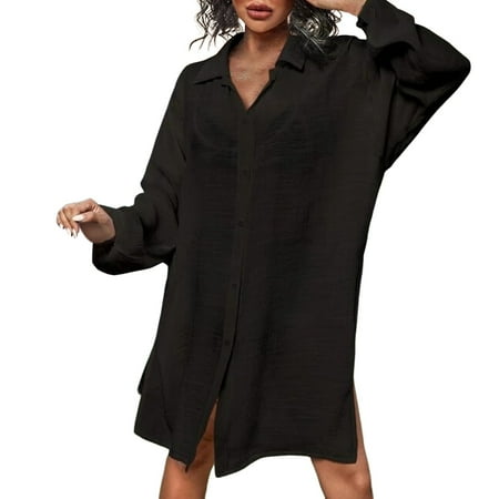 TOOYOU Womens Swimsuit Cover Up Button Down Shirt Midi Dress New Long Sleeved Shirt Beach Cover Up Bikini Over Cardigan Summer Swimwear Coverups Black