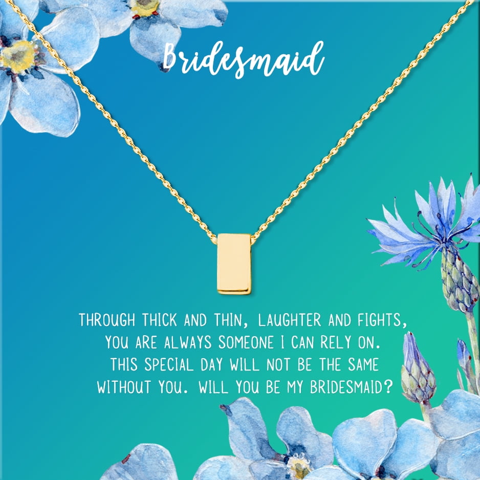 Anavia Bridesmaid Proposal Necklace, Will You Be My Bridesmaid, Bridal Party Gift Card Jewelry Necklace-[Gold Cube, Bright Blue Gift Card]