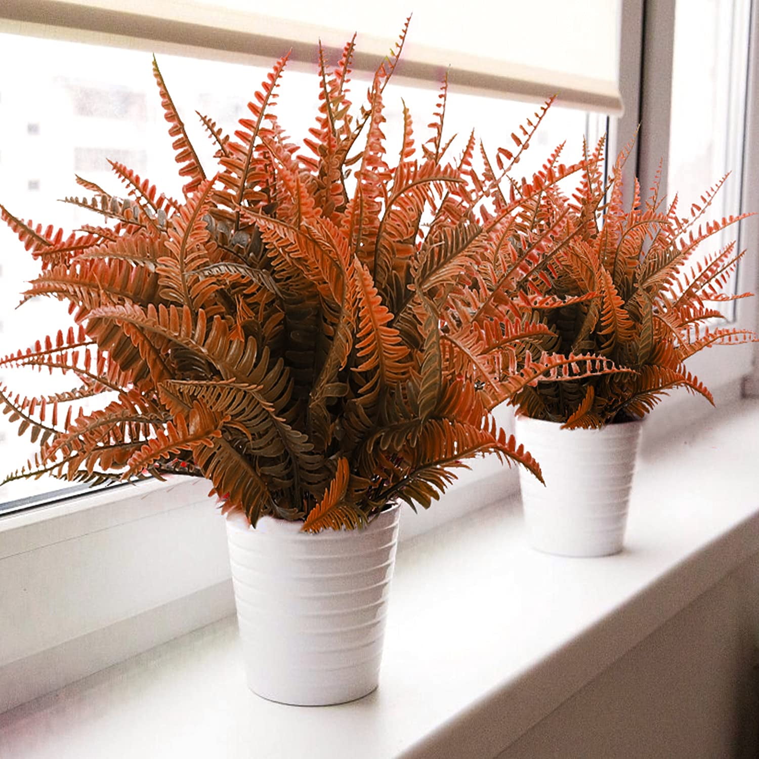 8 Bundles Artificial Fall Plants, Outdoor Indoor UV Resistant Fake Boston Fern Faux Plant No Fade Plastic Greenery Shrubs for Autumn Thanksgiving Garden Porch Window Box Home Decor