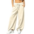 thumbnail image 2 of Women's Sweatpants Drawstring Elastic Waist Contrast Color Block Waistband with Pockets Loose Fit Casual Everyday Athletic Workout Home Lounge Pants, 2 of 8