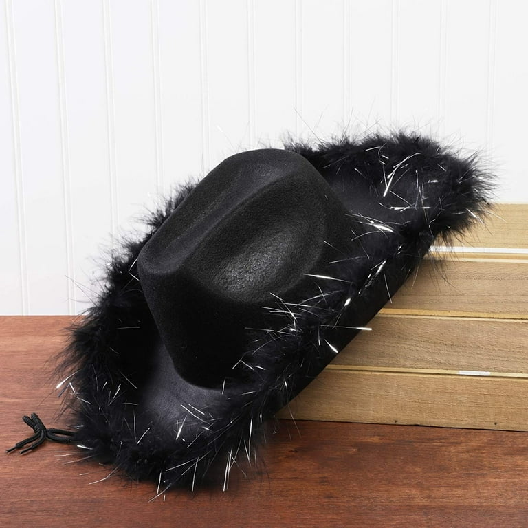 Womens Cowboy Hat - Cute, Fluffy, Sparkly Cowgirl Hat with Feathers for  Halloween Costume, Dress Up Birthday, Bachelorette Party Accessories (Black)  