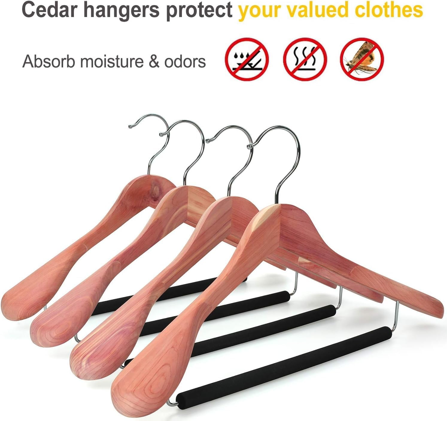 Wide Shoulder Cedar Wooden Hangers 8 Pack, Luxury Wood Suit Coat Hangers with Black Padded Pant Bar and 360 °   Swivel Chrome Hook, Natural Finish