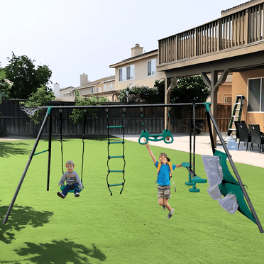 Four Function Swing Set for Age 3 , Outdoor Swing Set with Face to Face Swing Seat, Climbing Ladder, Basketball Hoop and Soccer Net, Metal Safe Swing Set for Outdoor Playground, Blackish Green