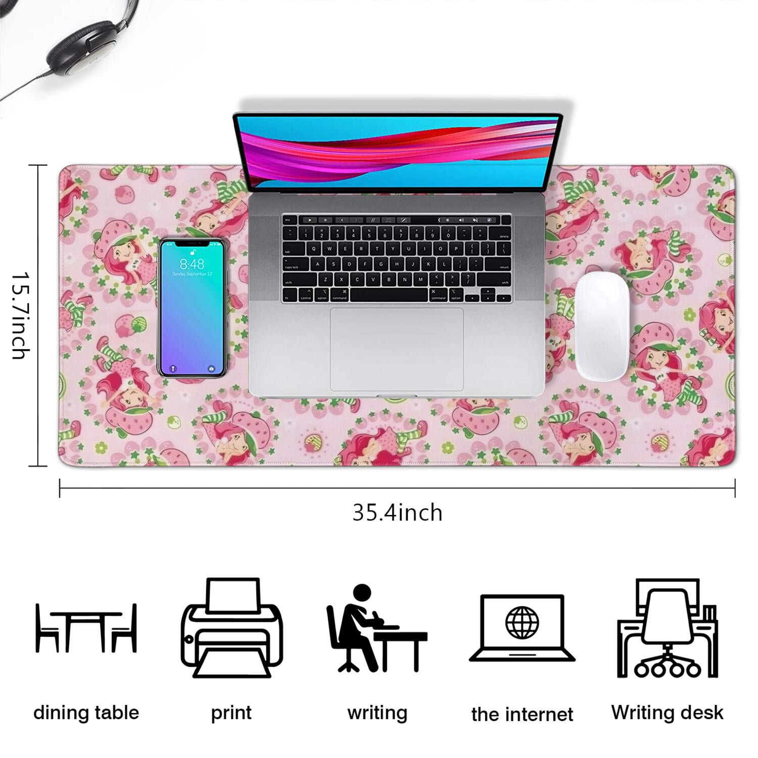 Long Mouse Pads for Desk,Strawberry Princess Pattern Desk Mats on Top Of Desks, Desk Mouse Pad Extra Large with 3mm Non-Slip Base and Stitched Edge for Gaming,Office,Work,Home 35.4"x15.7"
