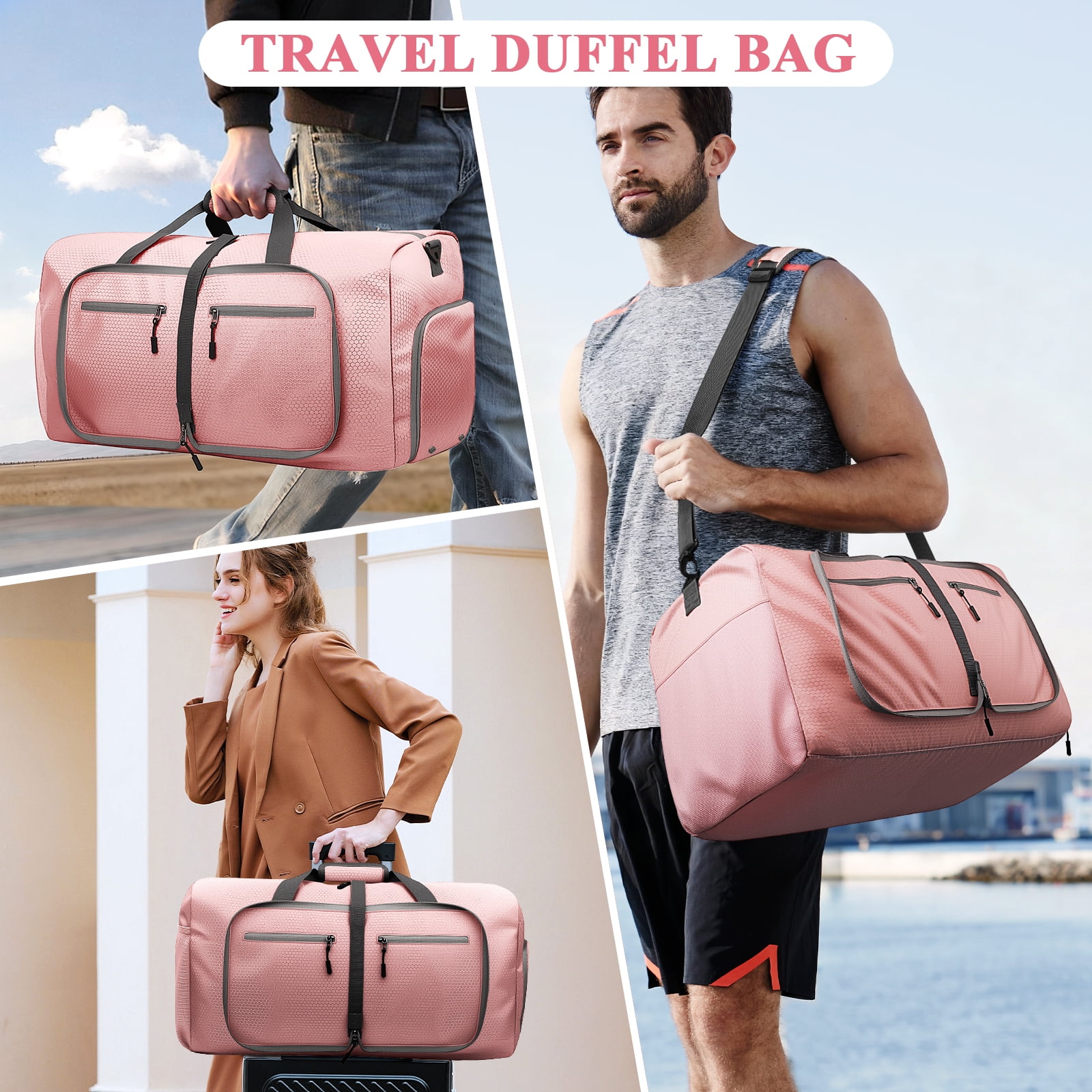 XUEYU 65L Travel Bag, Large Travel Duffel Bags with Shoes Compartment and Adjustable Strap, Foldable Travel Duffel Bags for Men Women,Waterproof Duffel Bags for Traveling Camping, Touring, Pink