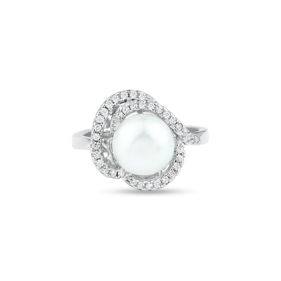 Rhodium Plated 925 Sterling Silver White Simulated Pearl Clear CZ Ring Jewelry Female Size 5