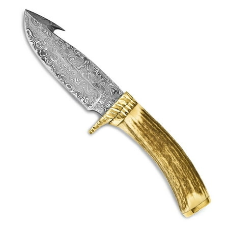 Luxury Giftware Damascus Steel 256 Layer Fixed Blade Staghorn Handle Brass Guard Knife with Leather Sheath and Gift Box QKN5060