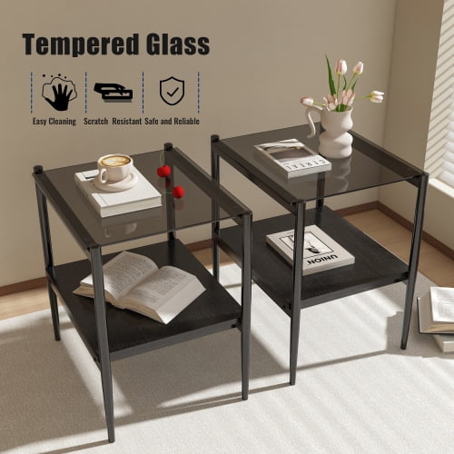 MOONMISS 2 Pack Rectangle End Table, Tempered Glass Top Side Table with MDF Frame, Modern Transparent Glass Accent Table for Living Room, Bedroom, Home Decor, Black