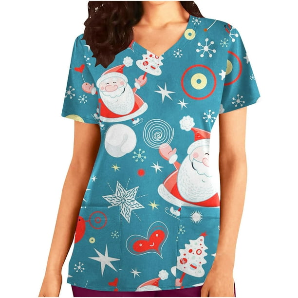 Fiudx Ofertas Relámpago Tops de Mujer Tops de Manga Corta con Cuello En V Estampado de Uniforme de Trabajo con Blusa de Bolsillo