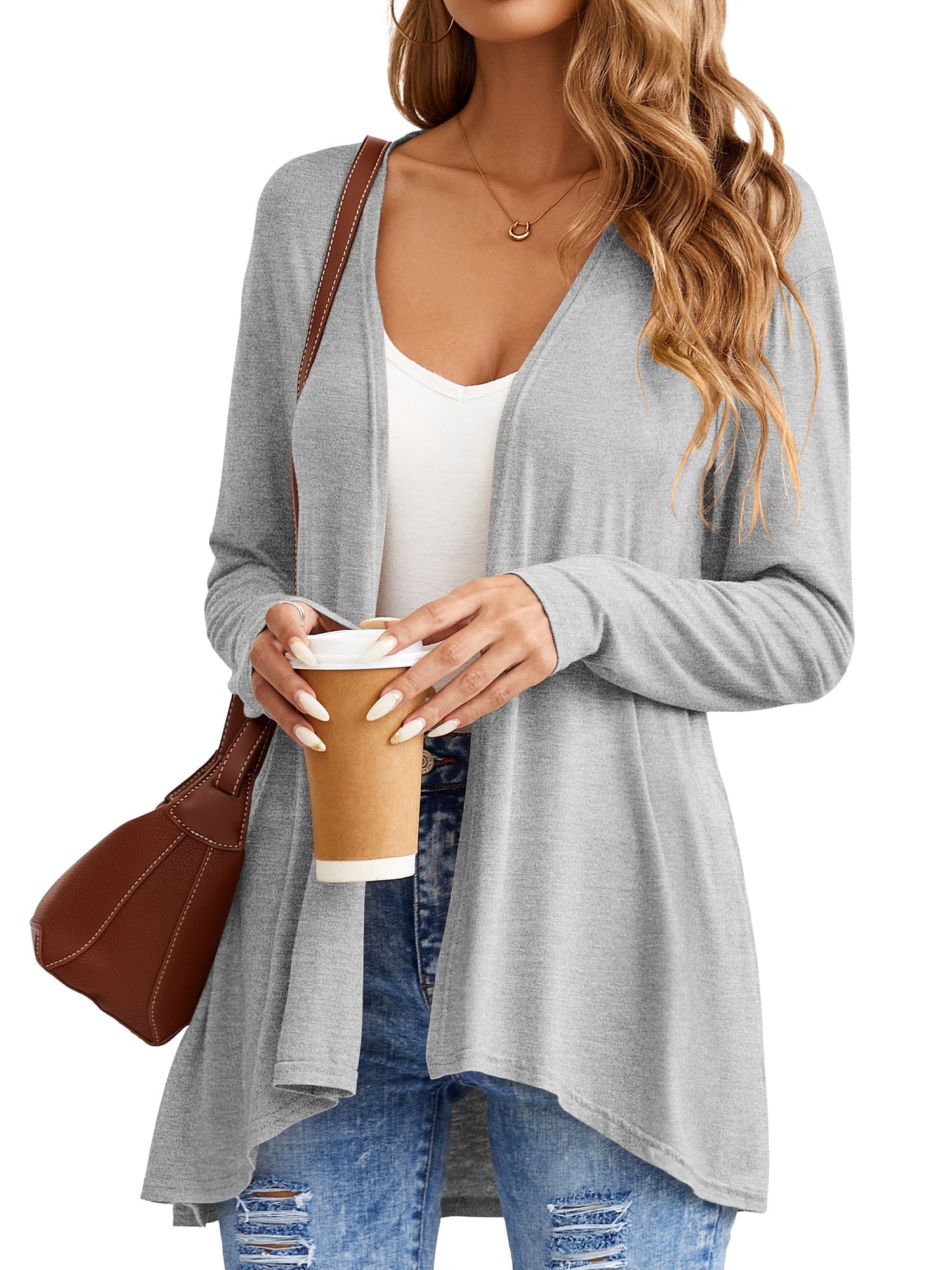 HOWCOME Womens Casual Lightweight Long Sleeve Cardigan Soft Open Front Cover Ups Dusters, Light Gray, XL