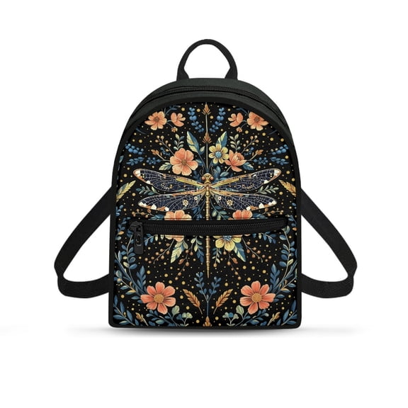 HELLHERO Dragonfly Floral Decoration Back Pack with Lightweight Zipper Mini Backpack for Work, Polyester Zipper Back Pack for Outdoor