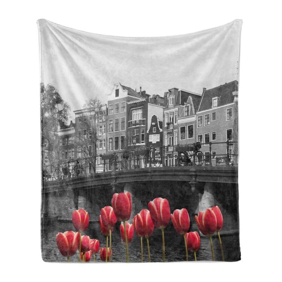 Black and White Soft Flannel Fleece Throw Blanket, Monochrome Photo of Amsterdam Canal with Red Tulips and Houses, Cozy Plush for Indoor and Outdoor Use, 70" x 90", Black White and Red, by Ambesonne