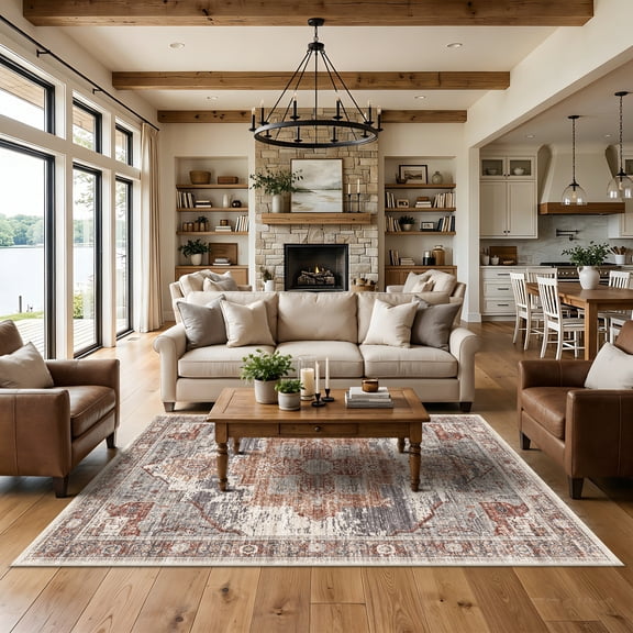 4x6 Living Room Area Rugs - Washable Area Rug Soft Stain Resistant Carpet Vintage Lightweight Ultra-Thin Rugs for Bedroom Kitchen entryway with Non Slip Backing Home Decor Small Mat 4X6 Brick