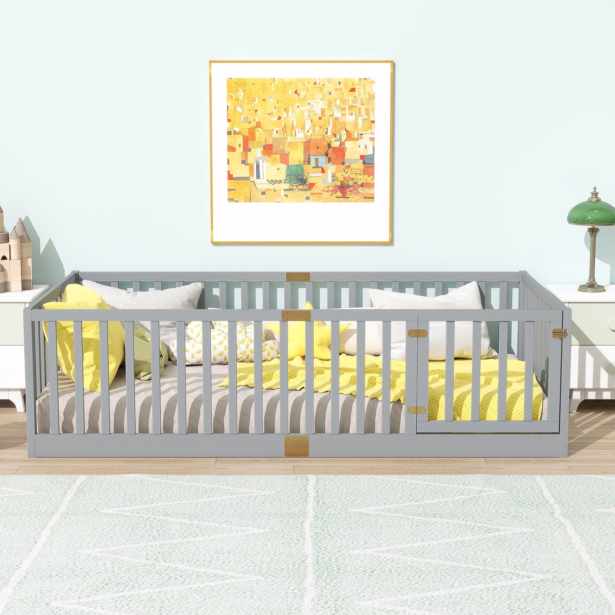 Sesslife Twin Size Floor Bed with High Fence & Door, Wood Twin Bed Frame with Salts and 21.5” Safety Guardrails, Twin Floor Bed for Boys Girls, No Box Spring Needed, Grey