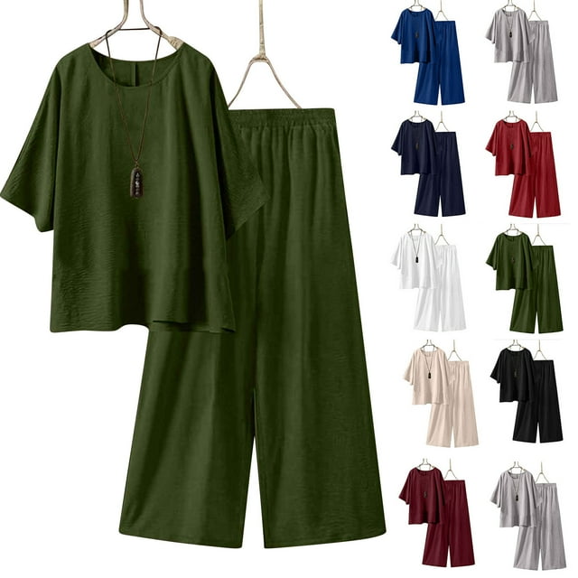 Sentmoon 2 PCS Beach Outfits for Women and Long Pants Set Button down V Neck Breathable Linen Beach Shirt 3/4 Sleeve Loose Summer Tops for Beach Vacation Green M